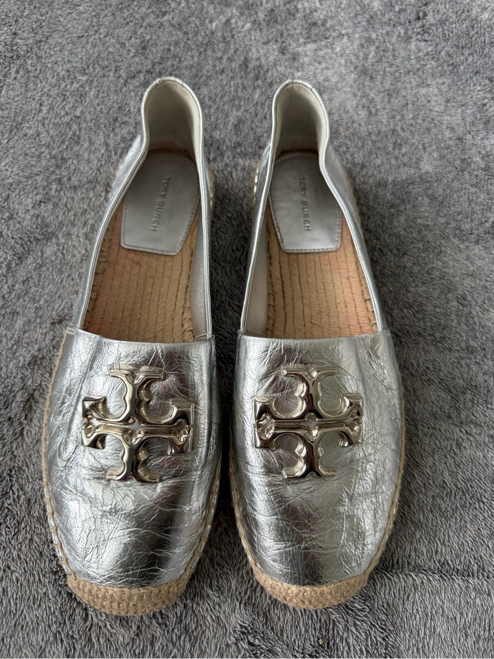 Tory Burch Metallic Silver Logo Espadrille Flats